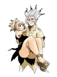 1boy 1girls anus bar_censor blonde_hair blue_eyes bottomless bridal_carry censored dr.stone female gradient_hair highres ishigami_senku kohaku_(dr.stone) long_hair mathematics multicolored_hair no_panties platform_sandals pointing popped_collar pussy sandals short_sleeves simple_background smirk spiked_hair white_hair