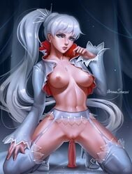 1girls abs absurdres areolae aroma_sensei boots bottomless breasts dildo female female_only full_body garter_belt high_heels highres imminent_penetration jacket kneeling looking_at_viewer nipples pussy rwby sex_toy solo thighhighs vale_outfit weiss_schnee weiss_schnee_(vale)