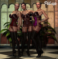 3d 3girls bare_shoulders big_breasts black_eyes black_footwear black_hair black_legwear black_stockings blonde_hair busty cleavage corset curvy detailed_background ear_piercing earrings english_text eyeliner female female_only footwear front_view garter garter_straps high_heels holding_hand hourglass_figure human indoors inside legwear lingerie lipstick looking_at_viewer makeup multiple_females multiple_girls nail_polish necklace original_character piercing pose posing room see-through shadow shiny shiny_skin short_hair smiling standing stockings text thong voluptuous wide_hips xskullheadx yellow_hair