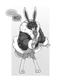 animal_genitalia animal_penis balls big_balls bunny_ears bunny_girl clothed clothing eliza_(pwcsponson) english_text equine_penis erection futa_only futanari horsecock huge_balls huge_testicles hyper hyper_balls hyper_penis intersex lagomorph mammal monochrome penis precum pwcsponson rabbit solo speech_bubble standing testicles text