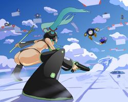 air_man ass boots can capcom clone clones cloud clouds crossover crouching female flying green_hair gun hair hatsune_miku helmet jumping leek lying male mega_man mega_man(classic) mega_man_2 multiple_males open_mouth platform platforms revealing_clothes simond skimpy_clothes sky sky_background tornado twintails underboob vocaloid weapon