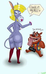 2017 anthro ass big_butt blonde_hair breasts canine censored donkey duo english_text equine female hair half-closed_eyes heart hood's_mad_animals interspecies jenny_(hood's_mad_animals) lipstick looking_at_viewer looking_back makeup male mammal nipples pussy_juice saliva sex simple_background smile star_media text tongue tongue_out