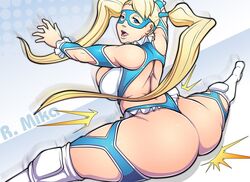 1girls ass assless_chaps big_ass blonde_hair blue_eyes breasts dat_ass female female_only large_ass onagi rainbow_mika solo splits street_fighter tagme thong_leotard