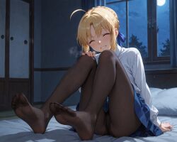 1girl ahoge ai_generated aianoart artoria_pendragon artoria_pendragon_(fate) bangs black_pantyhose blonde_hair blue_ribbon blue_skirt blush braid brown_pantyhose closed_eyes collared_shirt fate_(series) feet french_braid full_body full_moon grin hair_ribbon indoors knees_up legs long_sleeves moon night night_sky no_shoes on_bed panties panties_under_pantyhose pantyhose parted_bangs ribbon saber shirt sidelocks sitting skirt sky smile soles solo toes underwear white_shirt window