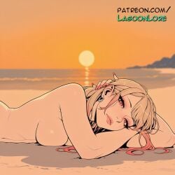 ai_generated artist_name beach breast_press breasts bust chest cloud ear_piercing earrings evening female hi_res highres jewelry kitagawa_marin lagoonlore long_hair looking_at_viewer lying lying_on_stomach moon my_dress_up_darling nail_polish ocean on_belly on_stomach orange_sky outdoors patreon patreon_username piercing pink_nails prone_position red_nails sky solo sono_bisque_doll_wa_koi_wo_suru sun sunset twilight untied watermark