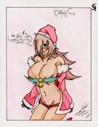 1girls artist_name big_breasts black_lipstick blush breasts brown_hair bursting_breasts busty cleavage coat dated english_text female female_only green_eyes hair_over_one_eye highres large_breasts long_hair looking_at_viewer navel_piercing open_clothes open_coat original original_character parted_lips piercing pose posing santa_costume shorts smile solo strapless teeth traditional_media tube_top very_long_hair voluptuous