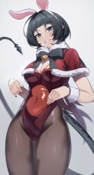 absurdres alternate_costume animal_ears bell black_eyes black_hair breasts brown_pantyhose bunny_ears bunnysuit cleavage clenched_teeth covered_navel elise_(wdsm2344) fake_animal_ears female female_only gradient_background gradient_hair grey_background highres jane_doe_(zenless_zone_zero) leotard long_hair looking_at_viewer medium_breasts mouse_ears mouse_girl multicolored_hair nail_polish neck_bell pantyhose rabbit_ears red_hair red_leotard red_nails smile standing teeth zenless_zone_zero