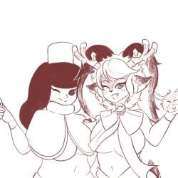 antlers bell cocoa_cookie cookie_run_kingdom coomerracoon female freckles fur fur_collar fur_hat fur_trim hot_cocoa large_breasts league_of_legends long_hair naked_under_cloak object_between_breasts poppy poro_(league_of_legends) revealing_clothes ribbon shortstack snow_fawn_poppy tail twintails