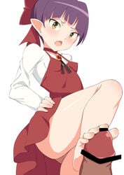 bar_censor barefoot bow breasts censored choker dress feet female footjob gegege_no_kitarou green_eyes hairbow hand_on_hip long_sleeves looking_down nekomusume open_mouth penis pointy_ears pov purple_hair red_dress shiny shiny_skin simple_background small_breasts solo_focus standing standing_footjob toes toshishikisai upskirt v-shaped_eyebrows white_background white_sleeves