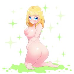 absurdres ass blonde_hair blue_eyes breasts completely_nude curly_hair female highres huge_ass large_breasts medium_hair monster_strike mukakin:zero mukakinzero nightingale_(monster_strike) nude pussy smile solo