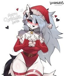 1girls bare_legs bare_shoulders bare_thighs big_breasts blush christmas christmas_clothing christmas_hat christmas_outfit christmas_stocking clothed clothing color english_text female female_focus female_only furry furry_female hellhound helluva_boss hi_res large_breasts long_hair looking_at_viewer loona_(helluva_boss) loonanudes red_eyes solo solo_female stockings tagme tail text thick_thighs white_hair wolf wolf_ears wolf_girl wolf_tail