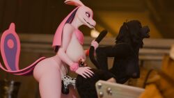 3d_(artwork) anal anal_sex animal_genitalia animal_penis anthro ass big_breasts big_butt big_penis black_body black_fur black_hair black_nose bodily_fluids breasts butt_grab cum cum_drip cum_in_ass cum_inside cum_on_penis digital_media_(artwork) dominant dominant_intersex dragon dripping duo ejaculation equine_genitalia equine_penis fan_character felid female fryps fur genital_fluids genitals hair hand_on_butt hi_res intersex intersex/female lovander mammal mythological_creature mythological_scalie mythology nipple_piercing nipples pal_(species) palworld pantherine penetration penis piercing piercing_fetish pink_body pink_nipples pink_nose pocketpair scalie tail thick_thighs