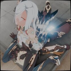 1boy1girl 1girls aether_(genshin_impact) ass assertive assertive_female b-banto day daytime dominant dominant_female domination face_in_ass facesit facesitting female femdom flushed flushed_face genshin_impact glowing_genitalia glowing_penis grabbing grabbing_another's_hair hair hands_on_another's_head long_hair pleased_expression pleasure pleasure_face pleasured pleasured_face pleasured_female reverse_rape reverse_ryona shenhe_(genshin_impact) sitting sitting_on_another sitting_on_face sitting_on_person smothered smothering smothering_ass submissive submissive_male talisman white_eyes white_hair