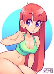 bangs bare_shoulders blue_eyes bottomless cleavage crop_top ear_piercing earrings green_shirt long_hair medium_breasts mrsteak navel original partially_clothed red_hair simple_background tank_top thick_thighs thighs