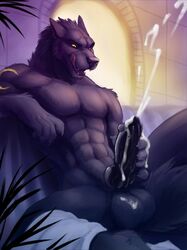 anthro artist ballsack black_fur cum ejaculation erection fun furry male_only masturbation muscular_male nude penis solo tongue_out wolf yellow_eyes