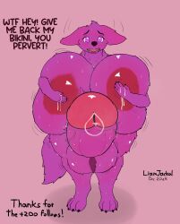 absurd_res anthro areola balls big_balls big_breasts big_bulge big_penis blush bodily_fluids breast_milking breasts bulge canid canine canis cheek_tuft covered_nipples dialogue dripping erection facial_tuft flat_colors fluffy fluffy_body fluffy_tail fur genital_fluids genitals growth gynomorph gynomorph/male hi_res huge_balls huge_breasts huge_bulge huge_cock hyper hyper_breasts hyper_bulge hyper_genitalia hyper_penis intersex intersex/male jackal lactating liam_culogroso liamjackal male mammal milk milk_drip musk neck_tuft nude open_mouth overweight overweight_gynomorph overweight_intersex overweight_male penis pink_eyes precum precum_drip purple_body purple_fur simple_background solo solo_focus standing sweat tail teeth thick_thighs thinking tuft