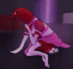 1boy 2d adult_swim alan_(smiling_friends) allan_red ambiguous_species anthro clothing_aside cosplay costume digital_media egg_laying eggs eyes_half_open full_body half-closed_eyes male male_only on_floor on_ground partially_clothed penis prehensile_penis red_body red_penis red_skin skirt skirt_up smiling_friends solo sweat tapering_penis tentacle tentacle_cock thighhighs unusual_genitalia
