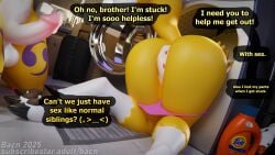 2025 3d_(artwork) absurd_res anthro appliance ass bacn balls bandai_namco bent_over blender_(artwork) blender_cycles bodily_fluids brother_(lore) brother_and_sister_(lore) canid canine clothing detailed_background dialogue digimon digimon_(species) digital_media_(artwork) english_description english_text erection female fox genital_fluids genitals hi_res humanoid_genitalia humanoid_penis imminent_sex incest_(lore) kneeling laundry_machine male male/female mammal nude panties penis precum presenting presenting_hindquarters renamon sibling_(lore) sister_(lore) speech_bubble stuck tail text underwear vulva washing_machine white_body