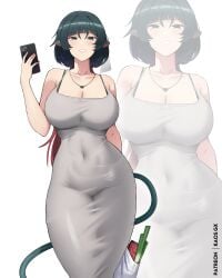 absurdres animal_ears bag bare_arms bare_shoulders blush bra_strap breasts cellphone commentary covered_navel dongtan_dress dress female female_only food green_eyes green_hair grey_dress grin hand_up heart heart_necklace highres holding holding_phone jane_doe_(zenless_zone_zero) jewelry kaos_art large_breasts long_hair looking_at_viewer meat mouse_ears mouse_girl mouse_tail nail_polish necklace paid_reward_available patreon_username phone plastic_bag red_hair red_nails sleeveless sleeveless_dress smartphone smile spring_onion standing tail taut_clothes taut_dress very_long_fingernails zenless_zone_zero zoom_layer