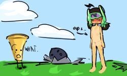 ahoge animate_inanimate bathing_suit_(object_trek) blush bowling_ball brown_hair censored_feet cloud day deedeeee deethedr0p_(artist) different_artstyle dot_eyes duo elemental_creature eyelashes eyewear eyewear_on_head female flat_chested genitals gijinka goggles goggles_on_head grass_field green_hair green_hair_roots hair hair_bun hi_res horn horn_(musical_instrument) horn_(object_trek) human humanized jaw_drop low_twintails male mammal markings metal_creature mineral_fauna musical_instrument not_furry object_show object_shows object_trek oops open_mouth osc parody shocked simple_background simple_eyes sky standing tanned_female tanned_skin twin_buns vulva wind_instrument zamn!