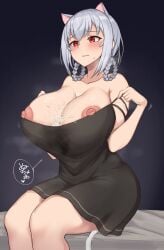 1girls after_paizuri animal_ears black_dress blush braid braided_hair_rings breasts breasts_out cat_ears cat_tail cum cum_bridge cum_in_clothes cum_on_body cum_on_breasts dress dress_strap_slip dressing female grey_hair hair_rings hakase_fuyuki hakase_fuyuki_(4th_costume) highres huge_breasts large_variant_set nijisanji nipples noumu_(pixiv) parted_lips red_eyes short_hair sidelocks sitting strap_slip tail thighs variant_set virtual_youtuber white_tail