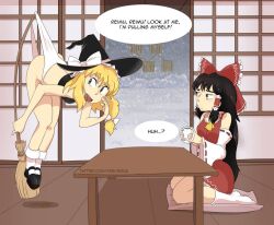 2023 2girls black_eyes black_hair blonde_hair bow broom broomstick detached_sleeves dress english_text floating freidesuu hair_tubes hairbow hanging_wedgie hat hovering kneeling long_hair marisa_kirisame mary_janes no_pants panties panty_pull reimu_hakurei self_wedgie shoes socks tagme text tired_eyes touhou twitter_username watermark wedgie white_panties witch_hat