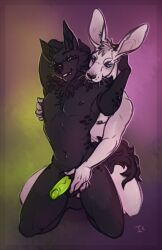 2022 anthro black_body black_fur black_nose black_scales blue_eyes canid canine canis curled_fur duo fangs femboy fur genitals gradient_background green_background green_eyes green_penis hair hand_in_hair hare hi_res hybrid interkos lagomorph leporid long_ears male male/male mammal mane nipple_fetish nipple_pinch nipple_play penis pinch pointy_ears purple_background reptile scales scalie seductive simple_background sketchy snake teeth touching_hair touching_penis white_body white_fur wolf