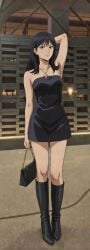 1girls ai_generated armpits black_boots black_dress boots chains dress face_reveal hourglass_figure jujutsu_kaisen light-skinned_female medium_breasts purse showing_armpits strapless strapless_dress