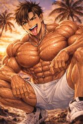abs adult ai_generated anime athletic_shoes backlight beach biceps body_hair bodybuilder bokeh broad_shoulders brown_hair chain_necklace chest crouching deltoids depth_of_field detailed digital_art dynamic_pose expression flexing gay glossy_skin golden_hour hairy_arms hairy_legs high_contrast hyper_muscular illustration jewelry male messy_hair muscle muscular open_mouth outdoor palm_trees pecs playful pose rocks sand seaside shine shoreline short_shorts shredded six_pack sky smirk sneakers solo solo_male spiky_hair squatting sunset sweat tan thick_neck tongue_out triceps tropical vascular veins warm_lighting water_droplets wet_skin white_shorts yellow_eyes