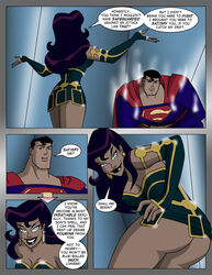 1boy 1girls black_hair blue_eyes circe_(dc) clark_kent comic costume dc_comics dcau dress exposed_ass goddess justice_league justice_league_unlimited kryptonian purple_hair sharpie_(artist) sleeve_gloves superman superman_(series) text wonder_woman_(series)