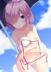 ass_visible_through_thighs bare_shoulders beach_umbrella bikini breasts cloud cloudy_sky collarbone day fate/grand_order fate_(series) female hair_over_one_eye leaning_forward lens_flare looking_at_viewer mash_kyrielight medium_breasts mimura_zaja navel nipples outdoors purple_eyes purple_hair side-tie_bikini sky solo standing string_bikini swimsuit swimsuit_of_perpetual_summer umbrella undressing untied untied_bikini white_bikini