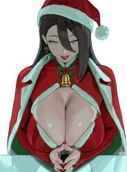 bell bell_earrings breasts christmas cleavage cleavage_cutout clothing_cutout earrings female female_only fur-trimmed_headwear fur_trim green_eyes hair_between_eyes hat highres hintobento jacket jacket_on_shoulders jewelry large_breasts long_hair long_hair_between_eyes mixed-language_commentary mole mole_on_breast nail_polish npc_(zenless_zone_zero) own_hands_together red_hat red_jacket red_lips red_nails santa_costume santa_hat sarah_(zenless_zone_zero) sarah_floren simple_background single_earring smile solo white_background zenless_zone_zero