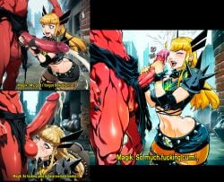 1boy 1girls ai_generated ass blonde_hair caption cock_worship cum_on_face devil dialogue dumbfounded excessive_cum excited_female female handjob highres huge_balls huge_cock illyana_rasputin light-skinned_female magik_(illyana_rasputin) male marvel marvel_comics mini_comic red_skin selvokaz sharp_nails stroking_penis subtitles tagme tall_male