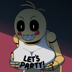 2026 animatronic anthro avian beakless bib bird black_sclera breasts chicken colored english_text female five_nights_at_freddy's five_nights_at_freddy's_2 fondling furry galliform grin holding_breast looking_at_another machine mega_milk meme phasianid robot scottgames self_fondle shaded sharp_teeth simple_background smile solo tagme teeth text toy_chica_(fnaf) white_eyes wtperv yellow_body