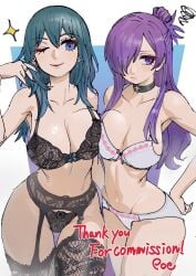 2girls absurdres asymmetrical_docking black_lingerie black_panties blue_eyes bra breast_press breasts byleth_(female)_(fire_emblem) byleth_(fire_emblem) byleth_(fire_emblem)_(female) choker cleavage commentary_request female female_only fire_emblem fire_emblem:_three_houses fire_emblem_warriors:_three_hopes garter_straps hair_bun hair_over_one_eye highres large_breasts lingerie multiple_girls navel nintendo one_eye_closed panties poechan purple_eyes purple_hair shez_(female)_(fire_emblem) shez_(fire_emblem) single_hair_bun smile stomach symmetrical_docking teal_hair underwear white_lingerie white_panties