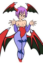 bare_shoulders bat_print bat_wings breasts breasts_out bridal_gauntlets capcom clothing darkstalkers female flat_chest head_wings highres leotard lilith_aensland mergeritter nipples nude pantyhose pink_hair red_eyes sitting small_breasts smile solo succubus wide_hips wings