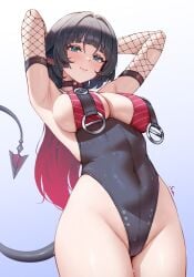 absurdres animal_ears armpit_crease armpits bare_shoulders black_hair black_one-piece_swimsuit breasts female fishnet_sleeves fishnets highres jane_doe_(nocturne_of_light)_(zenless_zone_zero) jane_doe_(zenless_zone_zero) large_breasts long_hair mouse_ears mouse_girl mouse_tail multicolored_hair o-ring official_alternate_costume one-piece_swimsuit red_hair red_one-piece_swimsuit secon swimsuit tail zenless_zone_zero