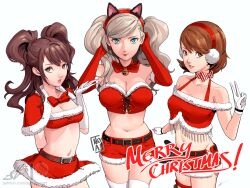 3girls :p animal_ear_hairband animal_ears ann_takamaki bell belt black_belt blonde_hair blue_eyes bow bowtie bra breasts brown_eyes brown_hair cat_ear_hairband cat_ears christmas cleavage crop_top eightyfourart fake_animal_ears female female_only gloves grin hairband hand_up hands_up highres jingle_bell kujikawa_rise large_breasts long_hair looking_at_viewer medium_breasts merry_christmas midriff miniskirt multiple_girls navel neck_bell persona persona_3 persona_4 persona_5 red_bow red_bowtie red_bra red_hairband red_shorts red_skirt santa_costume short_shorts shorts simple_background skirt smile stomach tongue tongue_out twintails underwear v white_background white_gloves yukari_takeba
