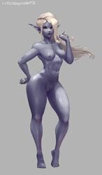 barefoot blonde_hair blue_skin breasts commission cutesexyrobutts dark_elf drow earrings elf female grey_background hair_twirling hand_on_hip highres jewelry lips long_hair looking_at_viewer navel nipples nude pointy_ears purple_skin pussy signature solo thick_thighs thighs toes