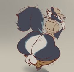 2025 animal_crossing anthro ass backsack balls beanie big_butt black_body black_fur bottomwear bottomwear_down brown_bottomwear brown_clothing brown_pants clothed clothing digital_drawing_(artwork) digital_media_(artwork) english_description fur genitals gloves_(marking) hat headgear headwear kicks_(animal_crossing) looking_back male mammal markings mephitid nintendo pants pants_down partially_clothed rear_view shirt skunk solo tail topwear ventusky white_markings
