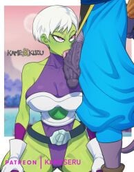 beerus cheelai dragon_ball kameseru kneeling licking licking_penis on_knees suggestive tagme thicc thick_ass thick_thighs