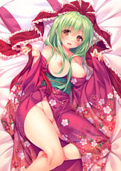 alternate_costume bangs bare_legs bare_shoulders barefoot bed_sheet blush breasts commentary eyebrows_visible_through_hair female fingernails floral_print green_hair highres japanese_clothes kagiyama_hina kimono large_breasts looking_at_viewer lying nipples no_bra no_panties obi open_mouth orange_eyes red_kimono red_ribbon ribbon sash shiny shiny_hair smile solo touhou yayoi_and_nagi