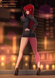 1girls ass big_breasts black_dress breasts brown_eyes deilan12 dress female female_only footwear full_body gun hair hand_on_hip heels high_heels holding_gun holding_object holding_weapon legs lips long_hair long_sleeves looking_back minidress nail_polish nails painted_fingernails painted_nails parasoul red_hair red_nail_polish red_nails short_dress skullgirls solo solo_female thighs tight_clothing tight_dress weapon