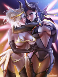 2girls alternate_costume aroma_sensei big_breasts bra breasts cleavage devil_mercy female female_only large_breasts mercy overwatch panties thighhighs