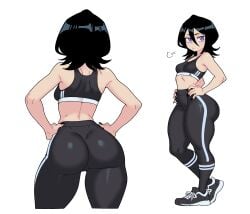 1girls bare_shoulders big_ass bingbingzi black_hair bleach breasts closed_mouth female female_only full_body hair_between_eyes hands_on_own_hips kuchiki_rukia leggings looking_at_viewer medium_hair shoes short_hair shortstack simple_background skintight small_breasts socks sports_bra sportswear white_background
