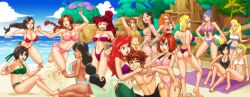 1boy 6+girls aerith_gainsborough age_difference aladdin_(1992_disney_film) alice_(disney) alice_in_wonderland_(1951_film) angry_expression angry_face aqua_(kingdom_hearts) arabian_female ariel_(the_little_mermaid) arm_around_waist asian_female ass_focus beach beach_background beach_umbrella big_breasts bikini bikini_bottom bikini_pull bikini_top black-haired_female black_hair blonde-haired_female blonde_female blonde_hair blue-haired_female blue_hair braided_hair brave brown-haired_female brown-haired_male brown_hair cleavage cleavage_cutout crossover crossover_pairing dark-skinned_female destiny_islands disney disney_princess eastern_and_western_character fa_mulan face_in_breasts fighting_over_boy final_fantasy final_fantasy_vii harem head_in_cleavage hercules_(disney) jane_porter jasmine_(aladdin) kairi kingdom_hearts larxene looking_at_viewer massive_breasts megara merida mermaid mermaid_girl mermaid_tail mulan_(1998_film) multiple_females multiple_girls namine ocean_background princess red-haired_female red_hair seductive_eyes seductive_look seductive_pose seductive_smile smug_expression smug_grin smug_smile sora_(kingdom_hearts) spikey_hair tarzan_(1999_film) the_little_mermaid_(1989_film) tifa_lockhart visible_nipples wadevezecha xion yuffie_kisaragi