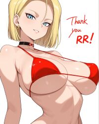 1girls ai_generated android android_18 arched_back bikini blonde_hair blue_eyes bow bow_choker choker dragon_ball dragon_ball_z earrings female hair_between_eyes large_breasts looking_at_viewer notreallyhere parted_lips perky_breasts red_bikini red_ribbon_army ribbon ribbon_choker short_hair simple_background smile solo text thank_you underboob undersized_clothes upper_body