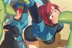 arm_grab arms_up ass bangs blush breasts clenched_teeth eyebrows_visible_through_hair fellatio forced_oral gloves green_skin hair_ornament huge_cock long_sleeves multiple_views namco outdoors penis rat_tail_(hairstyle) rebelstar:_tactical_command red_eyes red_hair ruby_(rebelstar:_tactical_command) short_dress short_hair strikingtulip thighs torn_clothes