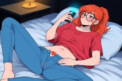 2d ai_generated anonymous_artist aroused artist bags_under_eyes bed bedroom bedroom_background belly_button black-framed_eyewear black_glasses blue_jeans blush bored_expression cameltoe choker closed_mouth damp_clothing dark_circles denim disapproving earrings erect_nipples exposed_stomach female flat_stomach ginger glasses hair_between_eyes hairy_pussy half-closed_eyes hoop_earrings indifferent jewelry lamp lamp_light lifted_shirt long_legs looking_at_viewer low-rise_jeans lowrise_jeans lying midriff narrow_waist narrowed_eyes navel night nipple_bulge no_bra on_back on_bed oversized_shirt pale_skin pearl_choker pearl_necklace pillows ponytail portrait pubes pubic_hair pubic_hair_peek puffy_pussy questionable red_clothing red_hair red_pubic_hair red_shirt round_eyewear round_glasses rumpled_sheets scruffy_hair sheets shiny_skin smiling_friends solo spread_legs spreading subtle_cameltoe tagme tight_jeans tired tired_eyes toned toned_stomach top-down_view trimmed_pubic_hair unbuttoned unbuttoned_bottomwear unbuttoned_pants v_line warm_lighting zoey_(smiling_friends)