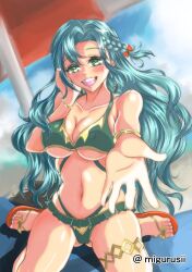 1girls alternate_costume aqua_hair ass_visible_through_thighs beach bikini blue_hair braid breasts chloe_(fire_emblem) cleavage covered_nipples earrings female female_only fire_emblem fire_emblem_engage green_bikini green_eyes green_swimsuit large_breasts long_hair nintendo ocean on_towel open_mouth outdoors parasol reaching_out smile solo swimsuit towel umbrella underboob very_long_hair violet_migu18